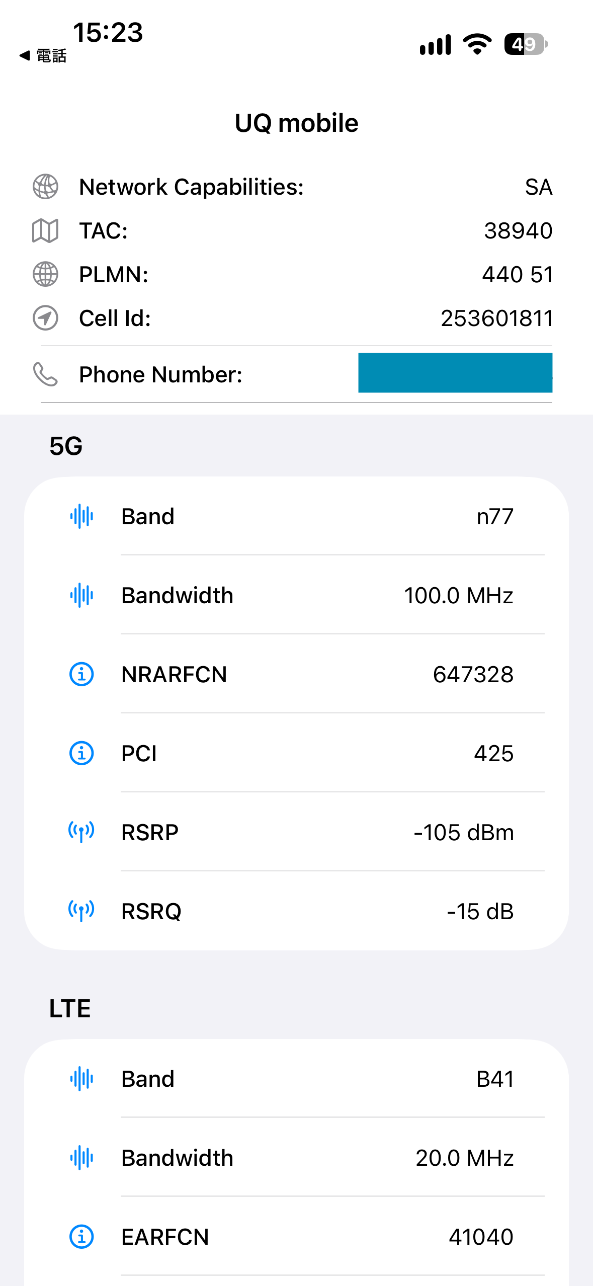 iPhone Field Test Modeのネットワーク情報と5Gパラメータ。UQ mobile回線での表示。